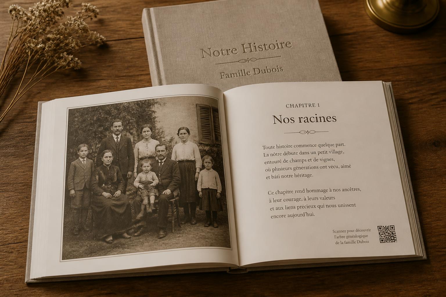 Livre relié Notre Histoire — Famille Dubois, posé sur une table en bois.