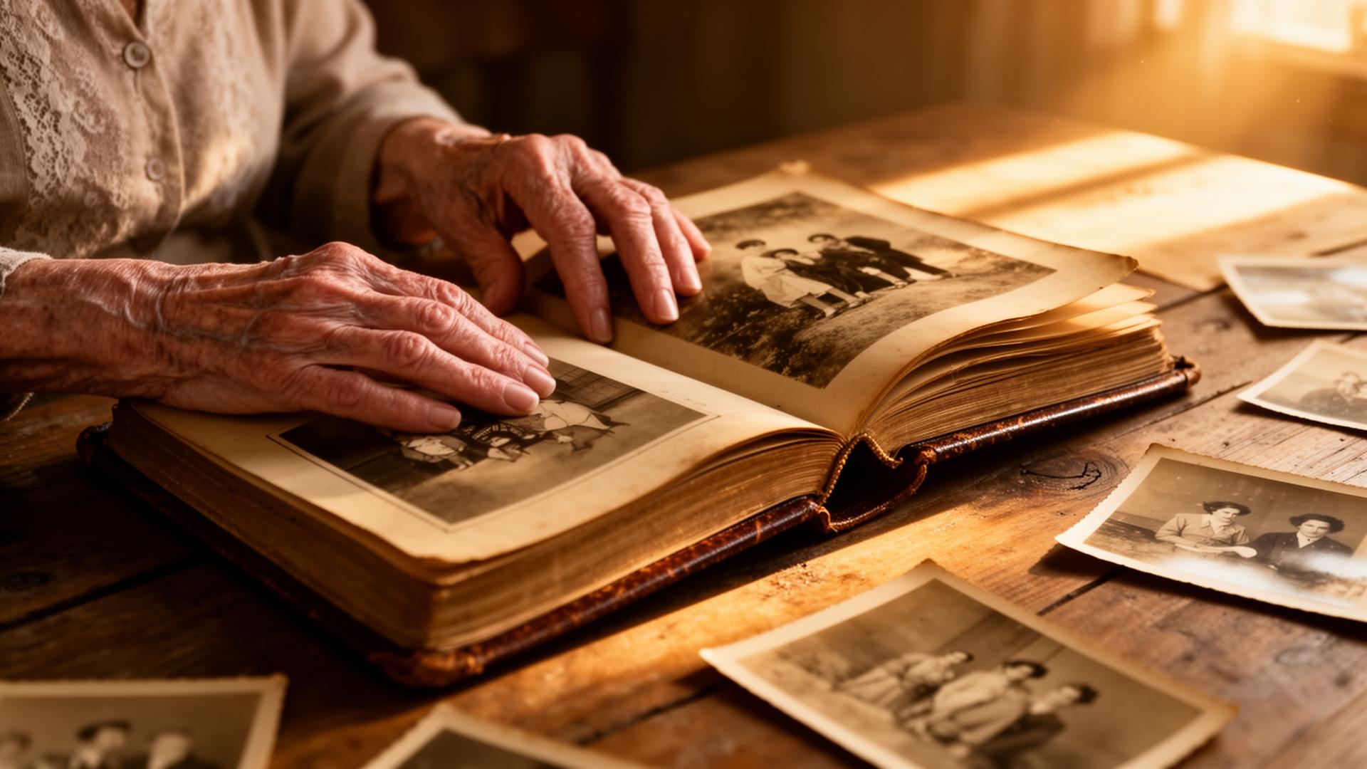 Mains âgées tournant les pages d'un album photo, lumière dorée