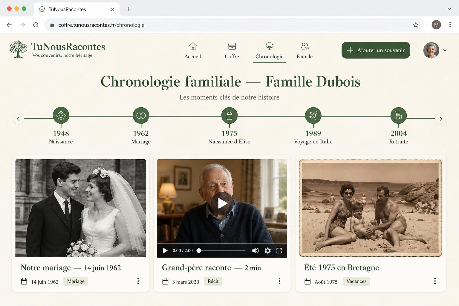 Aperçu de l'interface TuNousRacontes — chronologie familiale de la famille Dubois