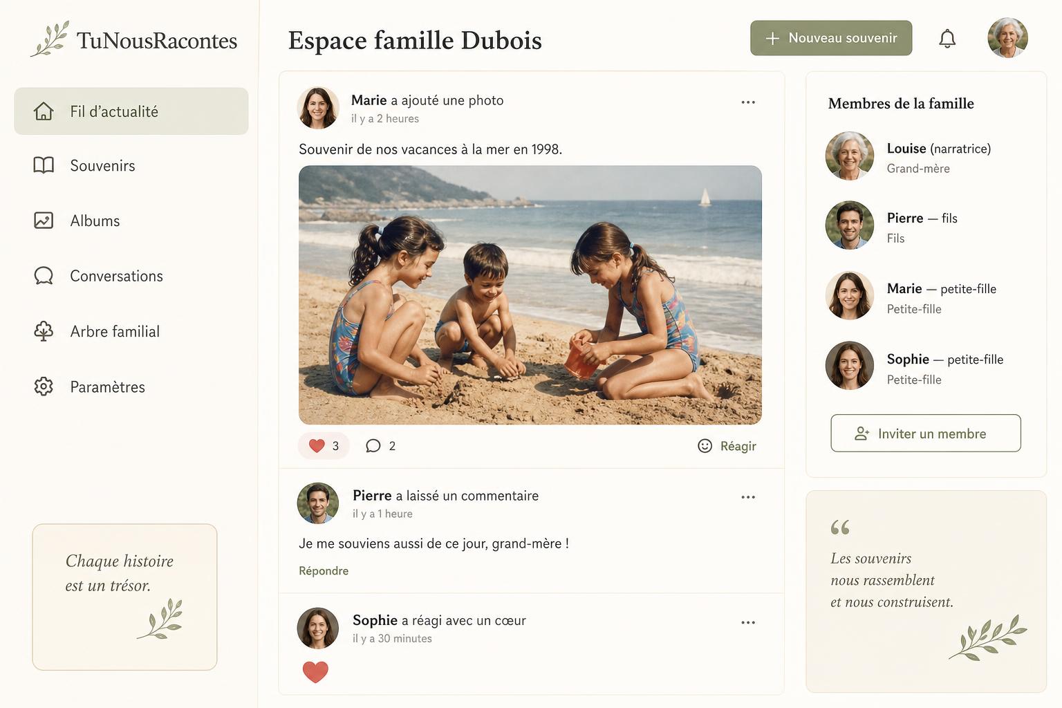 Aperçu de l'espace famille collaboratif TuNousRacontes